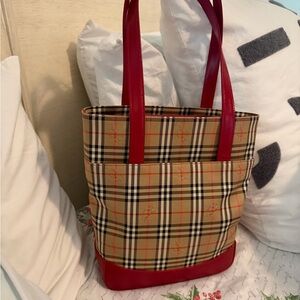 Burberry Checkered Tote with Red Leather